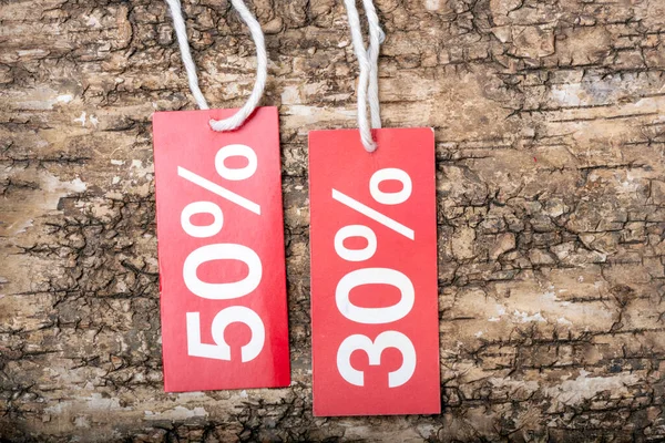 Discount Red Tag Wooden Background Concept Business Time Discounts Promotions — Stock Photo, Image