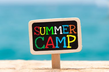 Text Summer camp written with chalk on chalkboard clipart