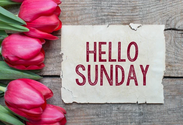 Тюльпани і папір з текстом hello неділю — стокове фото