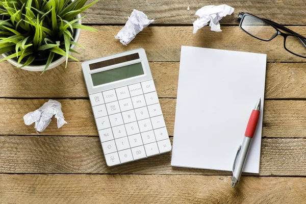 Hesap makinesi, not defteri ve yeşil bitki