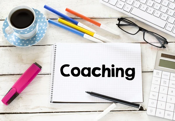 Coaching word  with cup of coffee — Stock Photo, Image