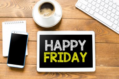 Tablet pc with happy friday clipart