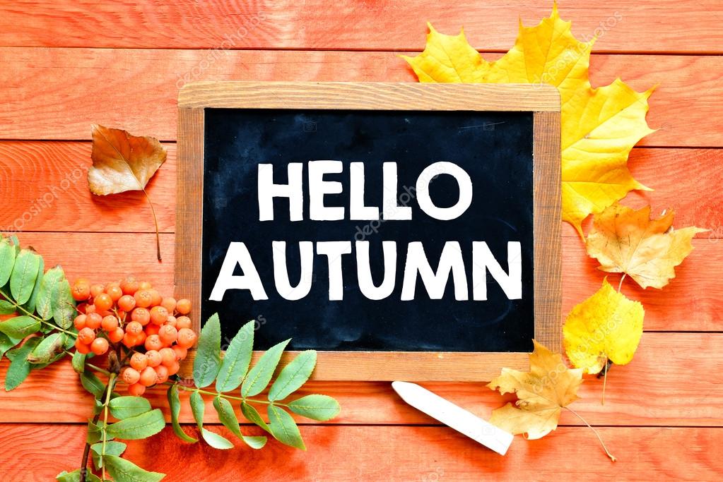 Blackboard with hello autumn Stock Photo by roobcio 84359488