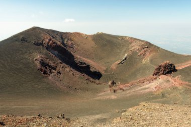 Sicilya, İtalya 'da güneşli bir günde açık mavi bir gökyüzünün altında Etna Dağı. Dramatik yamaçları ve doğal manzarası olan görkemli aktif volkan manzarası, Avrupa 'da popüler seyahat merkezi..