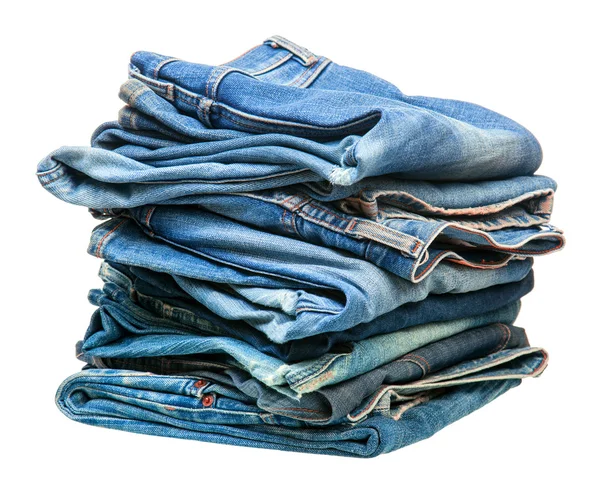 Stack av blå denim kläder — Stockfoto