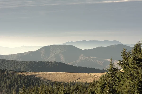 Creste di montagna su strati diversi con foresta su un fronte — Foto Stock