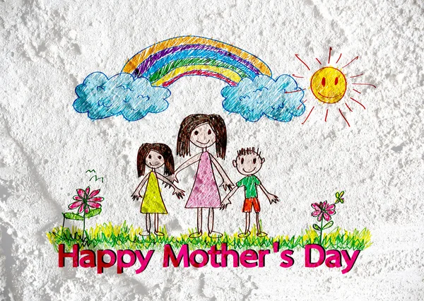 Tarjeta feliz día de las madres con dibujos animados familiares en la ilustración en w —  Fotos de Stock