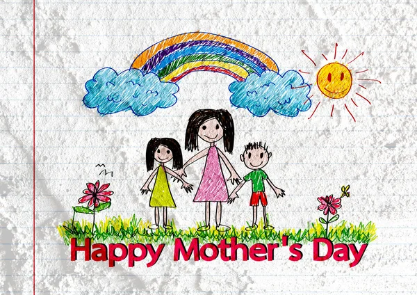 Happy mothers day card with family cartoons in illustration on w — Stock Photo, Image