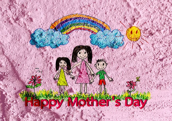 Happy mothers day card with family cartoons in illustration on w — Stock Photo, Image