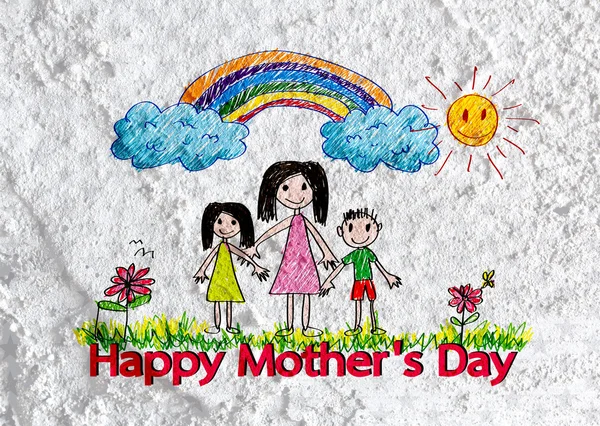 W 上の図の家族漫画幸せな母の日のカード — ストック写真