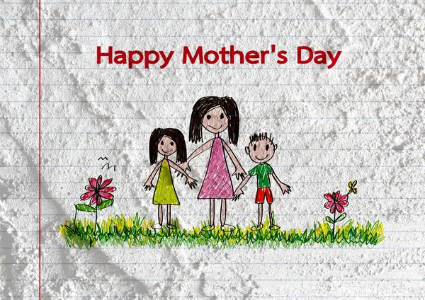 Happy mothers day card with family cartoons in illustration on w — Stock Photo, Image