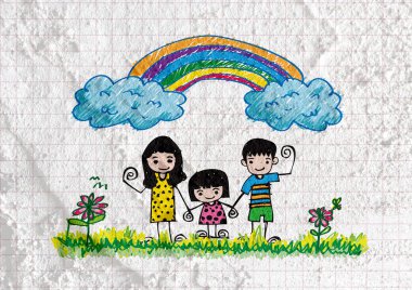 Happy family  father, mother, son and  daughter on wall texture  clipart