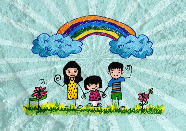 mutlu aile baba, anne, oğlu ve kızı duvar dokusu üzerine 
