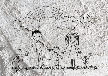 Happy family father, mother, son and daughter on wall texture ba clipart