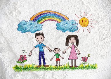 Happy family father, mother, son and daughter on wall texture ba clipart