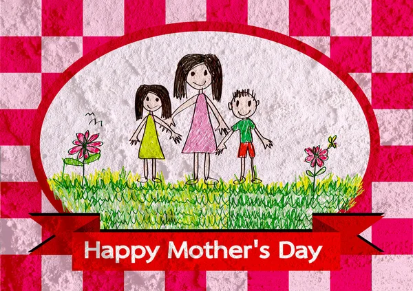 Happy mothers day card with family cartoons in illustration on w — Stock Photo, Image