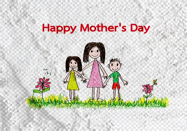 Happy mothers day card with family cartoons in illustration on w — Stock Photo, Image