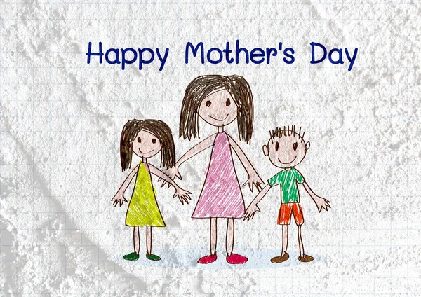 Happy mothers day card with family cartoons in illustration on w — Stock Photo, Image