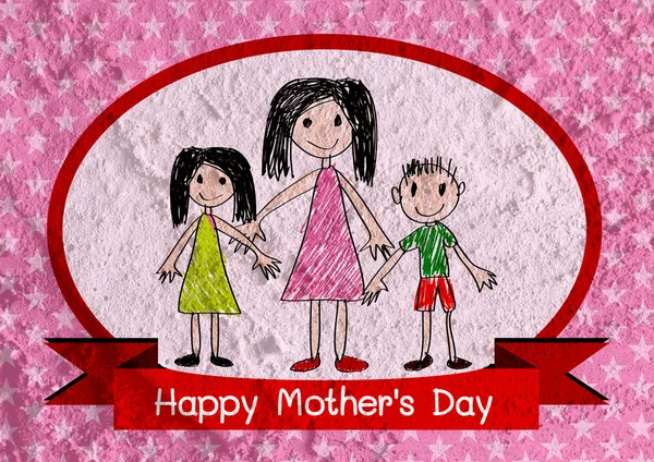 Happy mothers day card with family cartoons in illustration on w — Stock Photo, Image