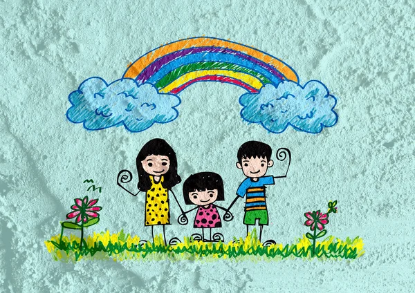 Gelukkig familie vader, moeder, zoon en dochter op muur textuur — Stockfoto