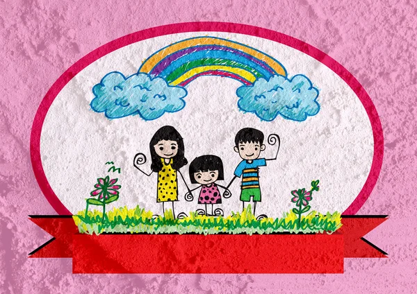 Šťastná rodina otec, matka, syn a dcera na zdi textury — Stock fotografie