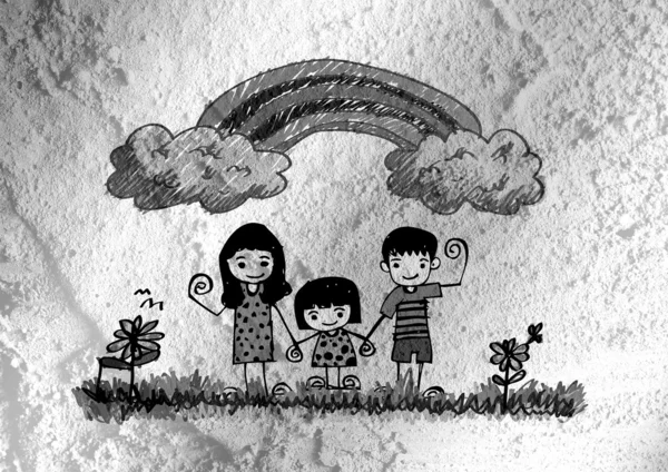 Glücklicher Familienvater, Mutter, Sohn und Tochter auf Wandtextur — Stockfoto