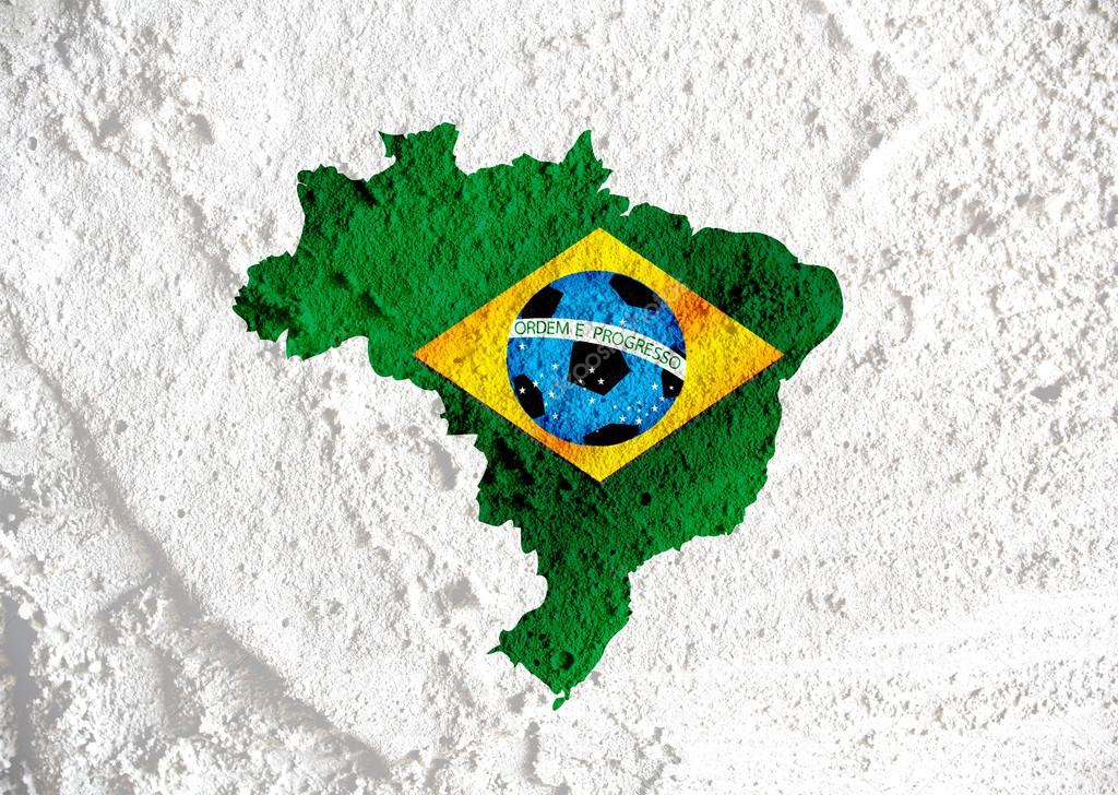Flag and map of Brazil with Soccer ball on wall texture backgrou