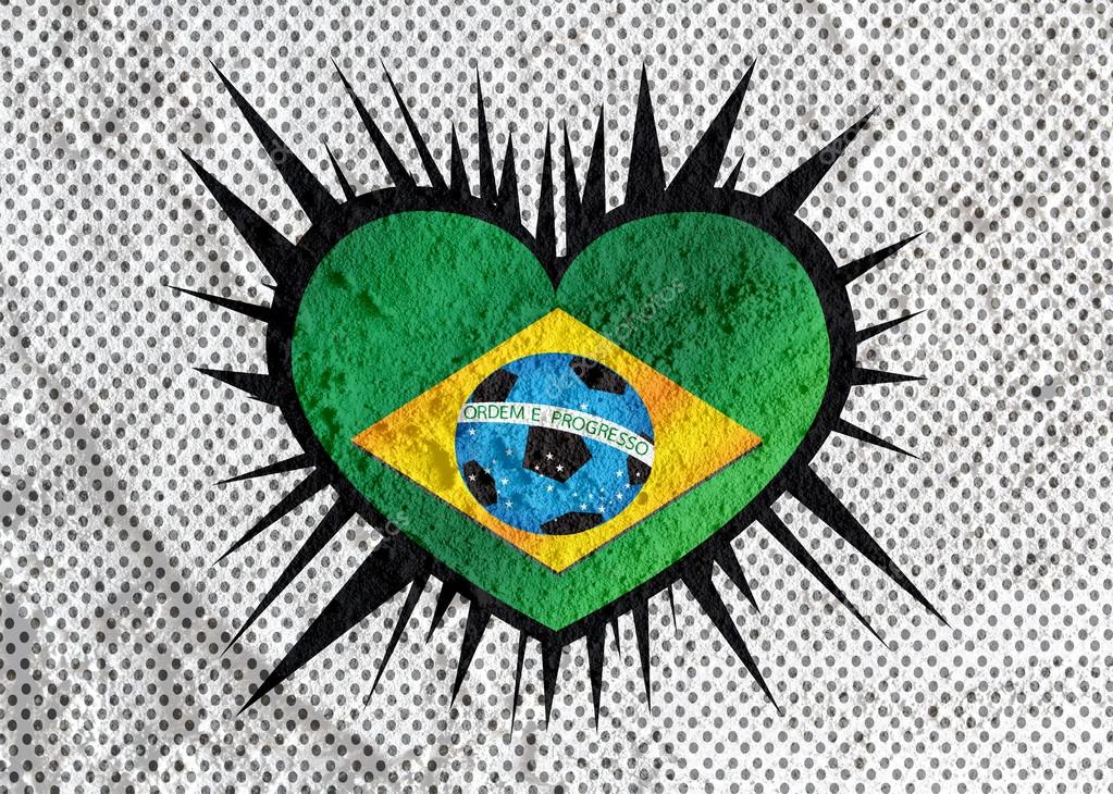 heart Flag of Brazil with Soccer ball  on wall texture backgroun