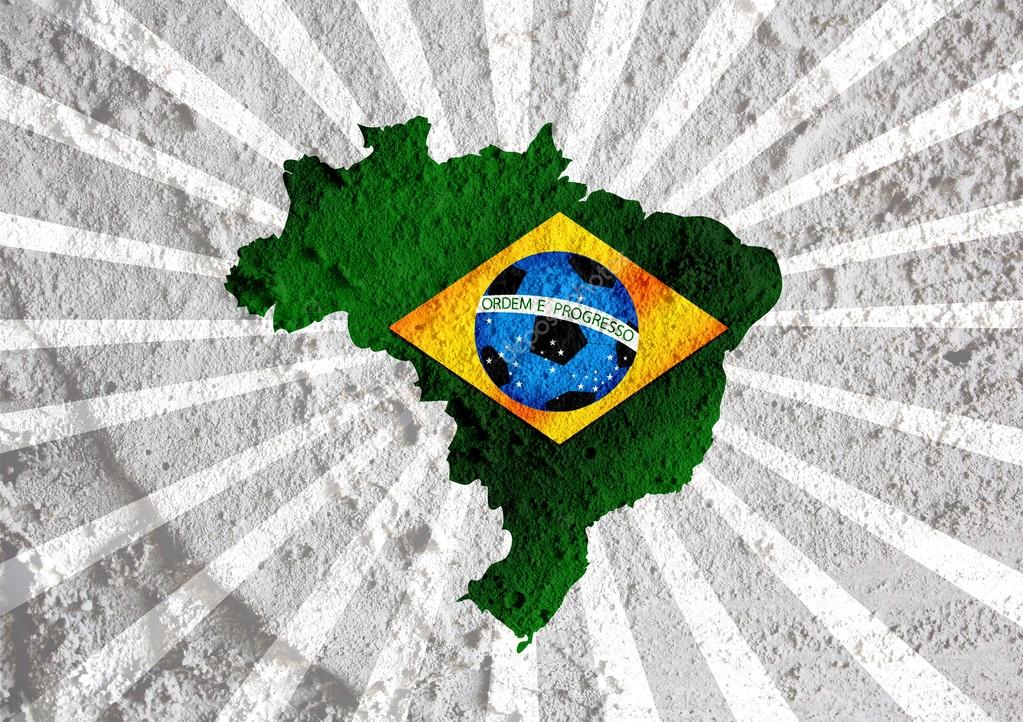 Flag and map of Brazil with Soccer ball on wall texture backgrou