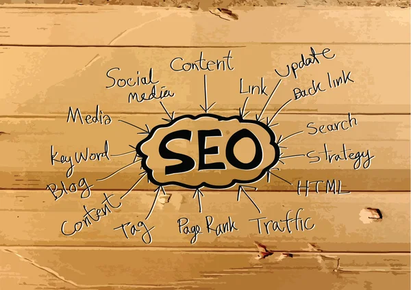 Seo Idea SEO Ottimizzazione per i motori di ricerca su Cardboard Texture ill — Vettoriale Stock