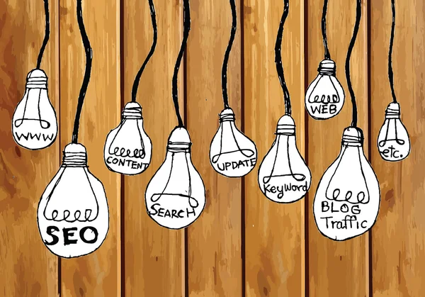 Seo Idea SEO Ottimizzazione per i motori di ricerca su tavola di legno — Vettoriale Stock