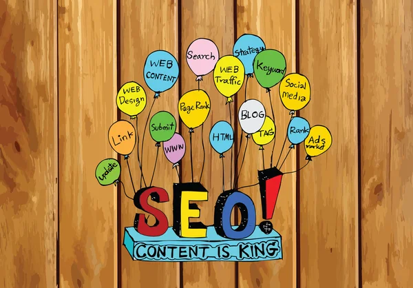 SEO idee seo search engine optimalisatie op hout achtergrond plank — Stockvector