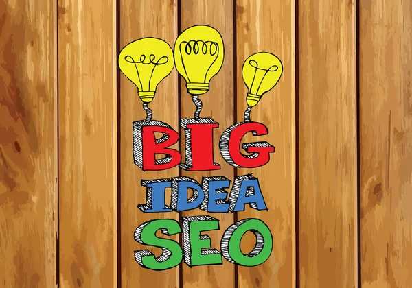 Seo Idea Optimisation du moteur de recherche SEO sur planche de fond en bois — Image vectorielle