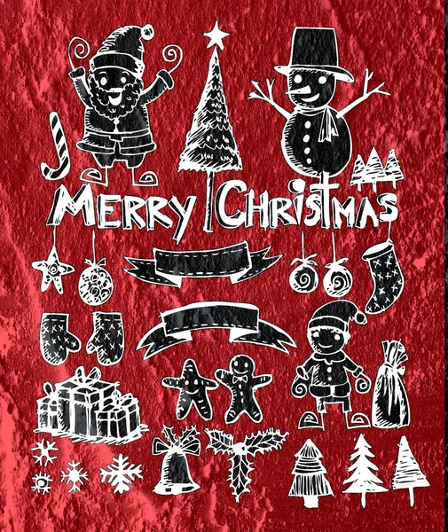 Weihnachtssymbole, Elemente und Illustrationen auf der Rückseite der Zementwand — Stockfoto