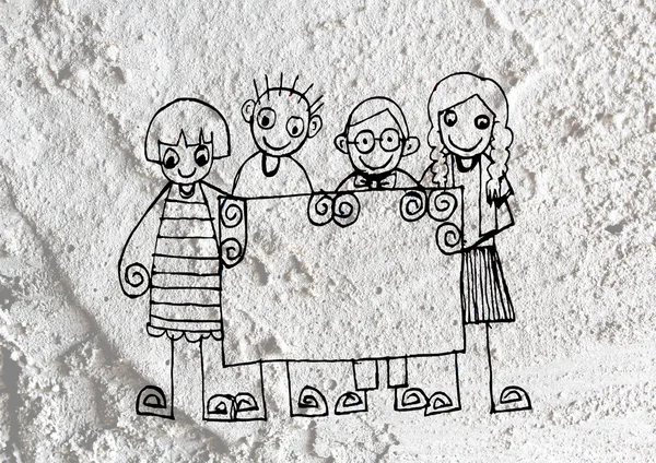 Cartoon tonåringar blank ram på Cement vägg bakgrundsstruktur — Stockfoto