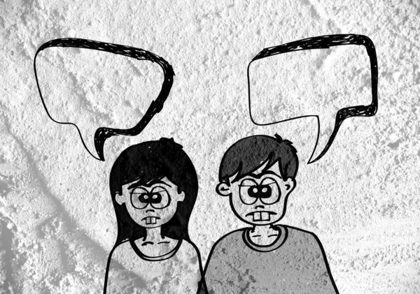 Beszélő emberek gondolkodás és a beszéd buborék Cement falon — Stock Fotó