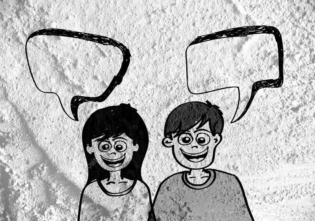 People thinking people talking and Speech Bubble on Cement wall 