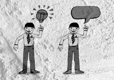 İnsanların düşünme insanlar konuşmak ve konuşma balonu çimento duvar 