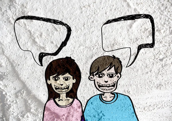 Beszélő emberek gondolkodás és a beszéd buborék Cement falon — Stock Fotó