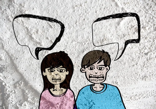 İnsanların düşünme insanlar konuşmak ve konuşma balonu çimento duvar — Stok fotoğraf
