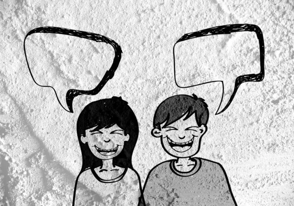People thinking people talking and Speech Bubble on Cement wall — Stock Photo, Image