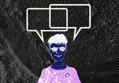 İnsanların düşünme insanlar konuşmak ve konuşma balonu çimento duvar 