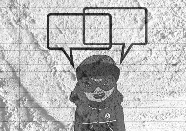 İnsanların düşünme insanlar konuşmak ve konuşma balonu çimento duvar 