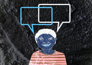 İnsanların düşünme insanlar konuşmak ve konuşma balonu çimento duvar 