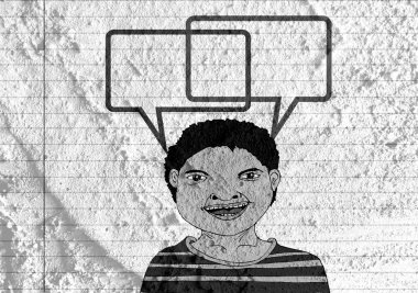 İnsanların düşünme insanlar konuşmak ve konuşma balonu çimento duvar 