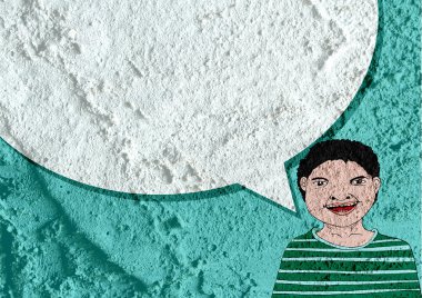 İnsanların düşünme insanlar konuşmak ve konuşma balonu çimento duvar 