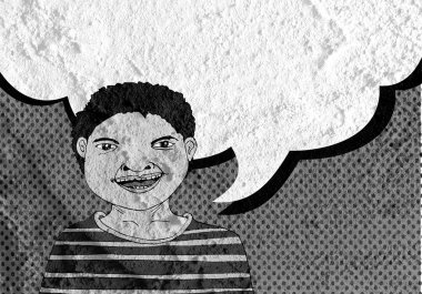 İnsanların düşünme insanlar konuşmak ve konuşma balonu çimento duvar 