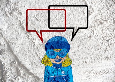 İnsanların düşünme insanlar konuşmak ve konuşma balonu çimento duvar 