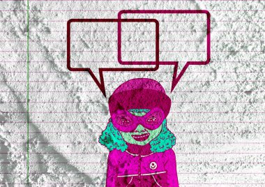 İnsanların düşünme insanlar konuşmak ve konuşma balonu çimento duvar 