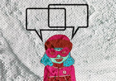 İnsanların düşünme insanlar konuşmak ve konuşma balonu çimento duvar 